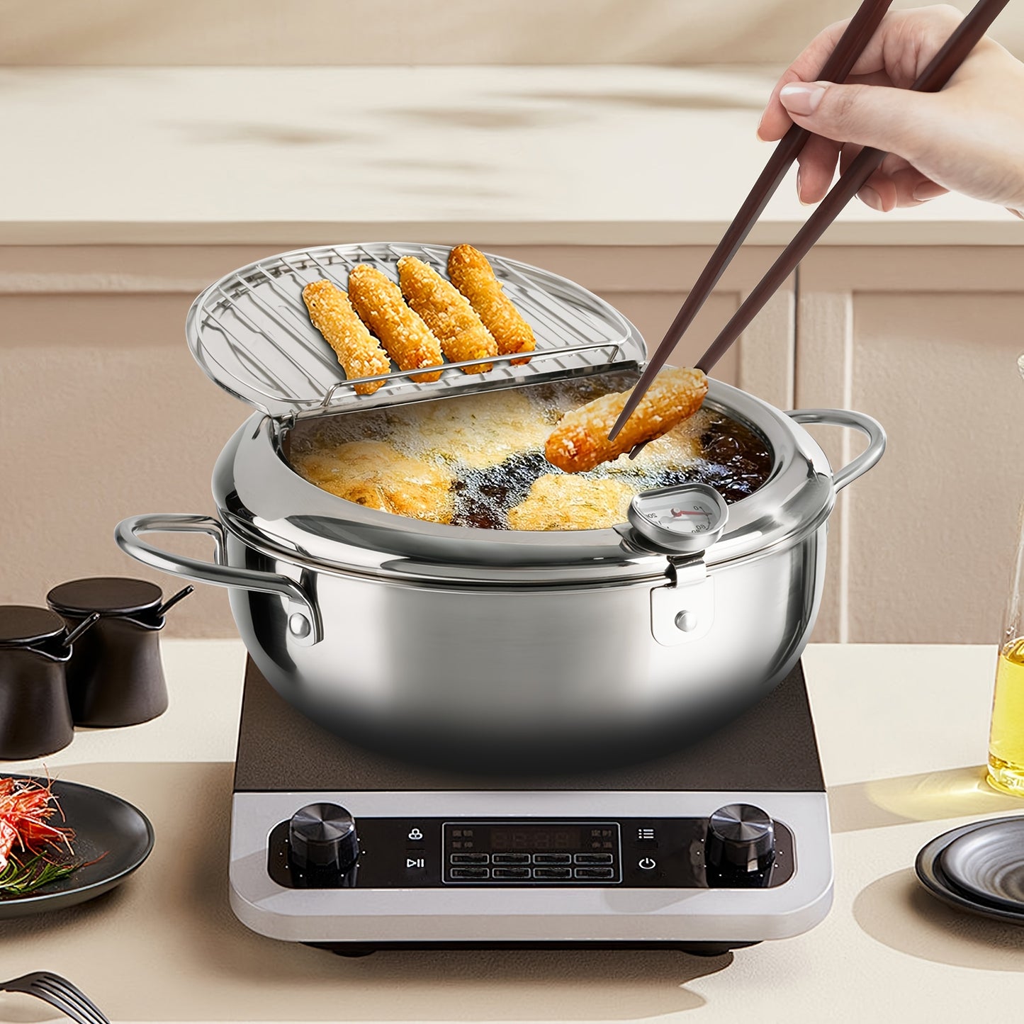 Stainless Steel Large Capacity Frying Pan With Thermometer