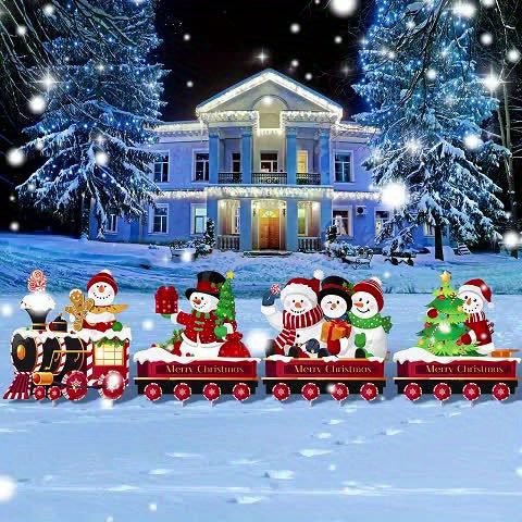 Christmas Train And Snowman Lawn Stake Decoration Set