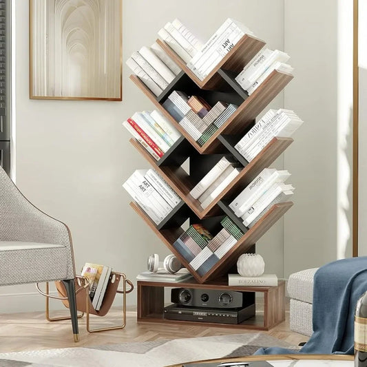 Tree Bookshelf, 5-Shelf Floor Standing Bookcase, Free Standing Magazines Books Tree Rack - Heidi Ho Your Wellness Pro