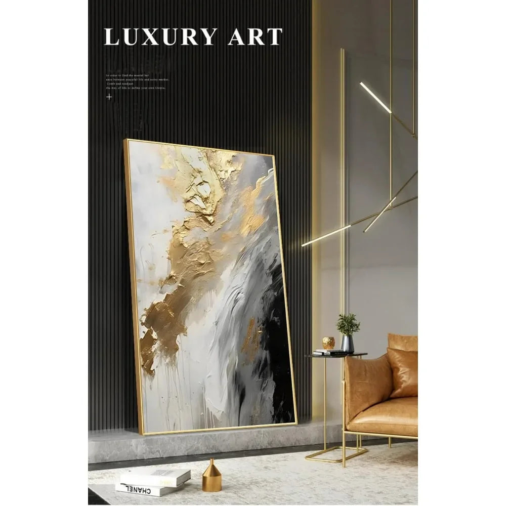 Hand-Painted Gold Abstract Oil Painting on Canvas for Entrance-Hall, Framed White and Black Wall Art Decoration 24x48inch - Heidi Ho Your Wellness Pro