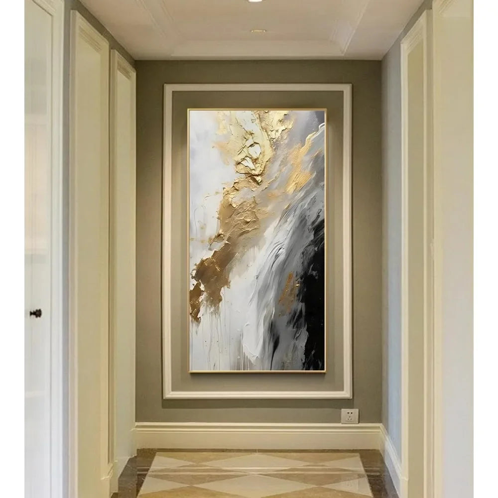 Hand-Painted Gold Abstract Oil Painting on Canvas for Entrance-Hall, Framed White and Black Wall Art Decoration 24x48inch - Heidi Ho Your Wellness Pro