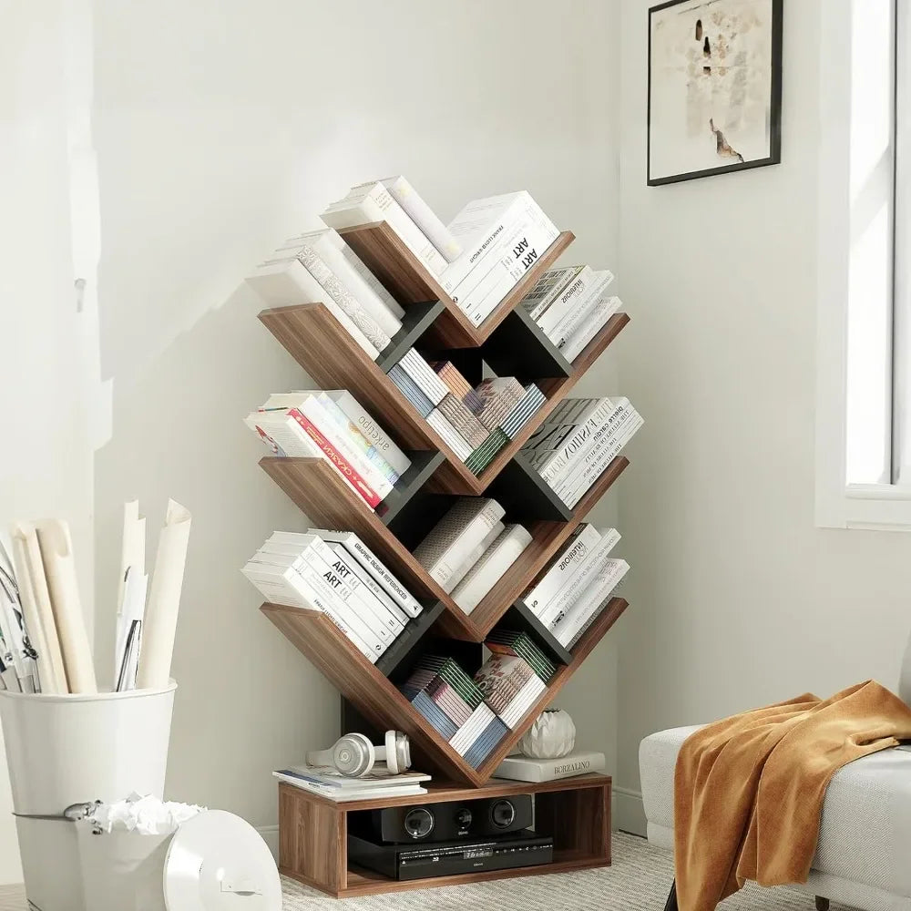 Tree Bookshelf, 5-Shelf Floor Standing Bookcase, Free Standing Magazines Books Tree Rack - Heidi Ho Your Wellness Pro