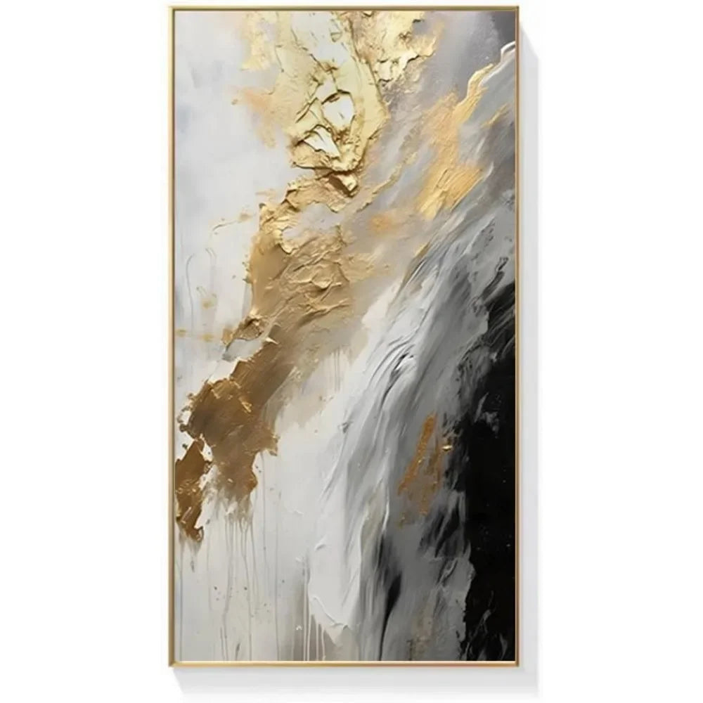 Hand-Painted Gold Abstract Oil Painting on Canvas for Entrance-Hall, Framed White and Black Wall Art Decoration 24x48inch - Heidi Ho Your Wellness Pro