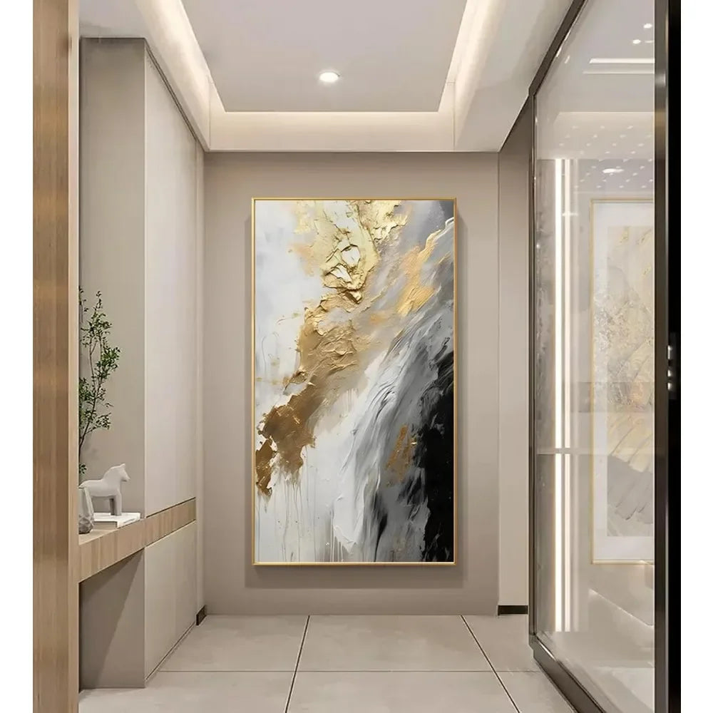 Hand-Painted Gold Abstract Oil Painting on Canvas for Entrance-Hall, Framed White and Black Wall Art Decoration 24x48inch - Heidi Ho Your Wellness Pro