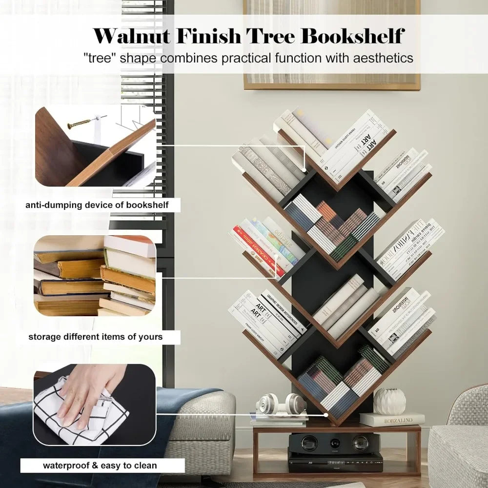 Tree Bookshelf, 5-Shelf Floor Standing Bookcase, Free Standing Magazines Books Tree Rack - Heidi Ho Your Wellness Pro