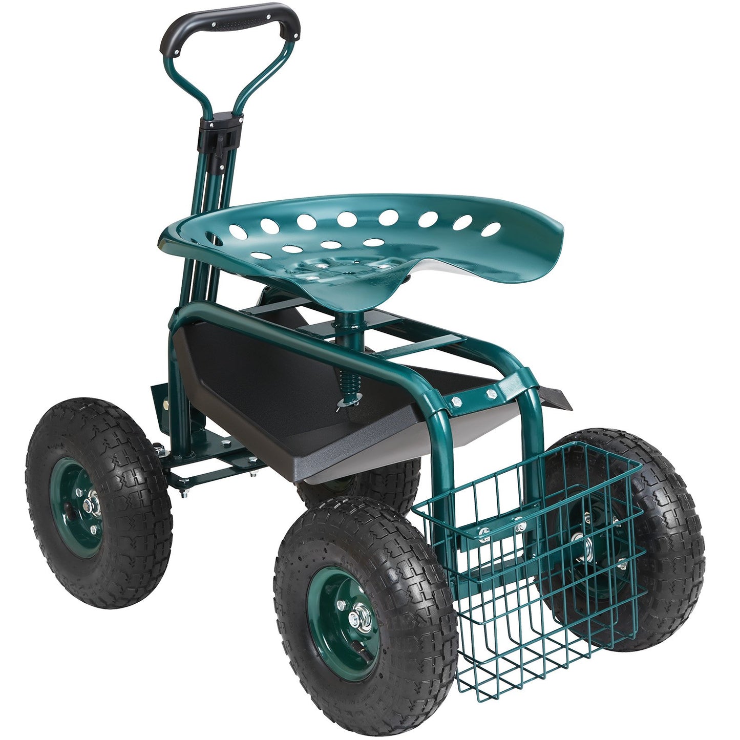 Garden Cart Rolling Workseat with Wheels, Gardening Stool for Planting, 360 Degree Swivel Seat, Wagon Scooter with Steering Handle & Utility Tool Tray, Use for Patio, Yard, and Outdoors